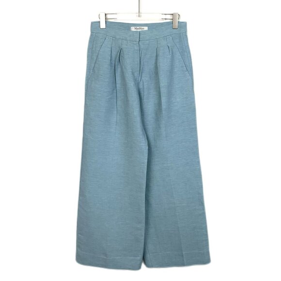 Max Mara Womens Blue Linen Wide-Leg Pants Size 40 Made In Italy - Picture 1 of 8